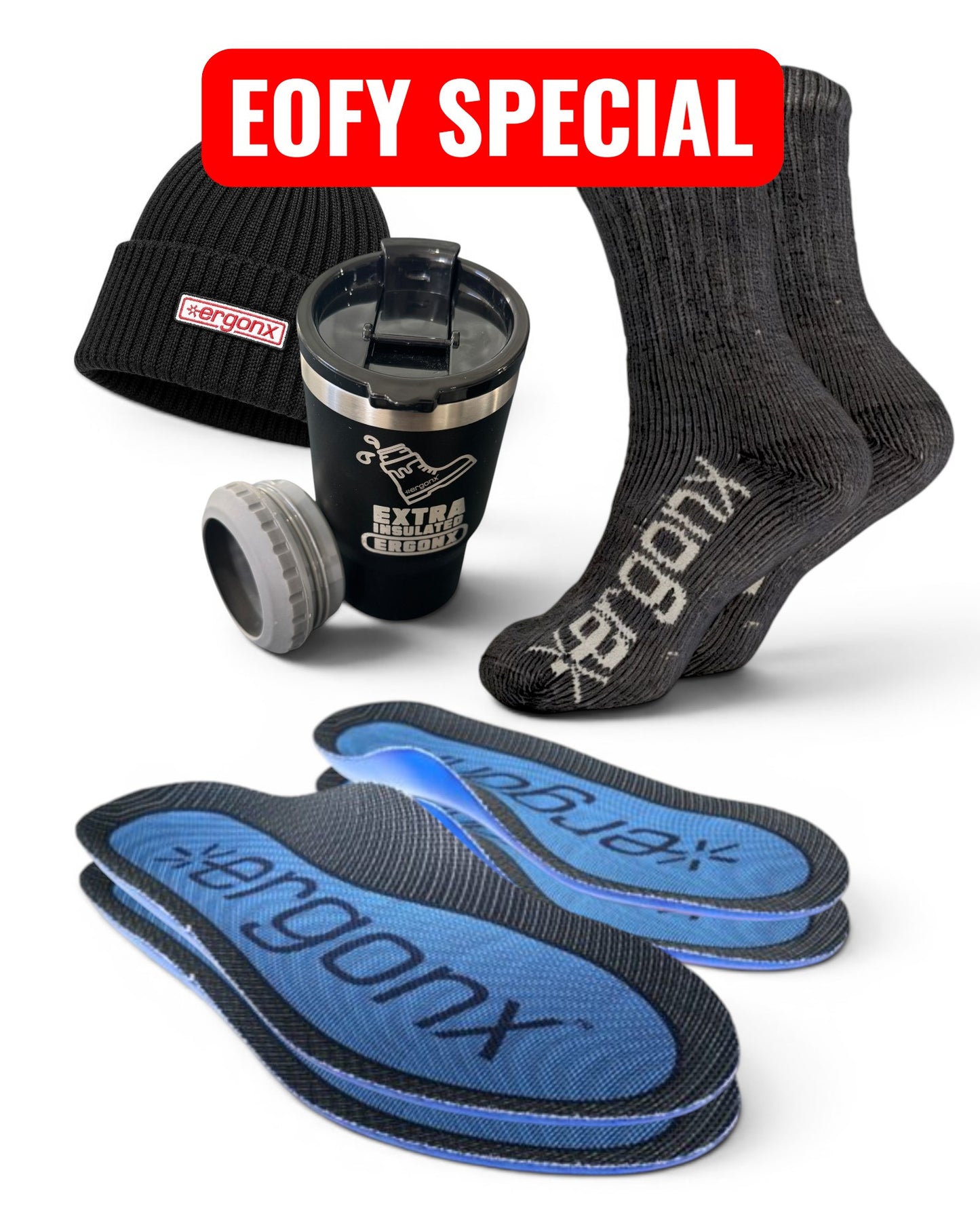 2 x Ultra Soft Insoles + 1 Pair work socks, Beanie, 4 in 1 Cooler