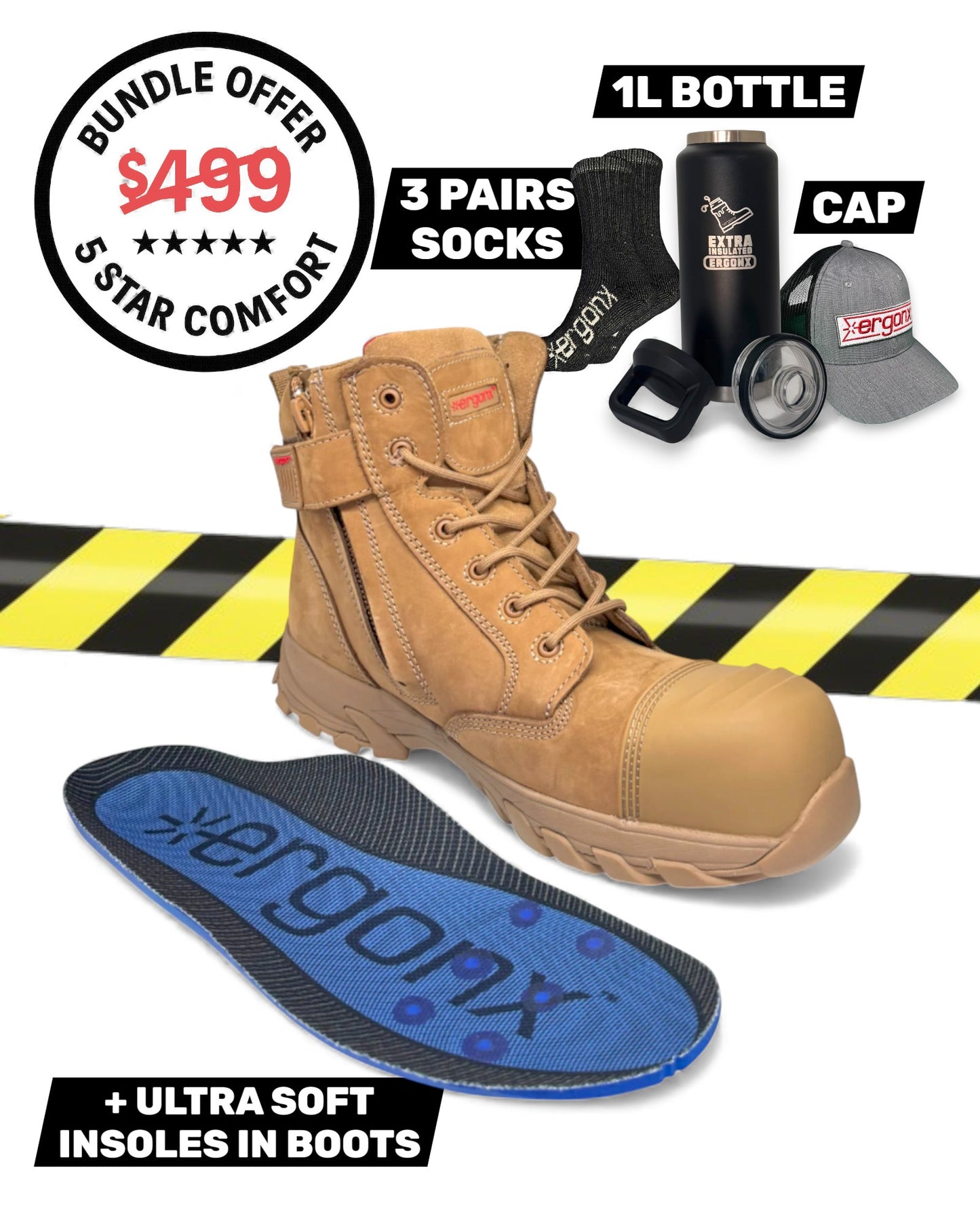 Comfort Bundle - All Tan Lace Up + 3 pairs socks + 1L Bottle & Cap