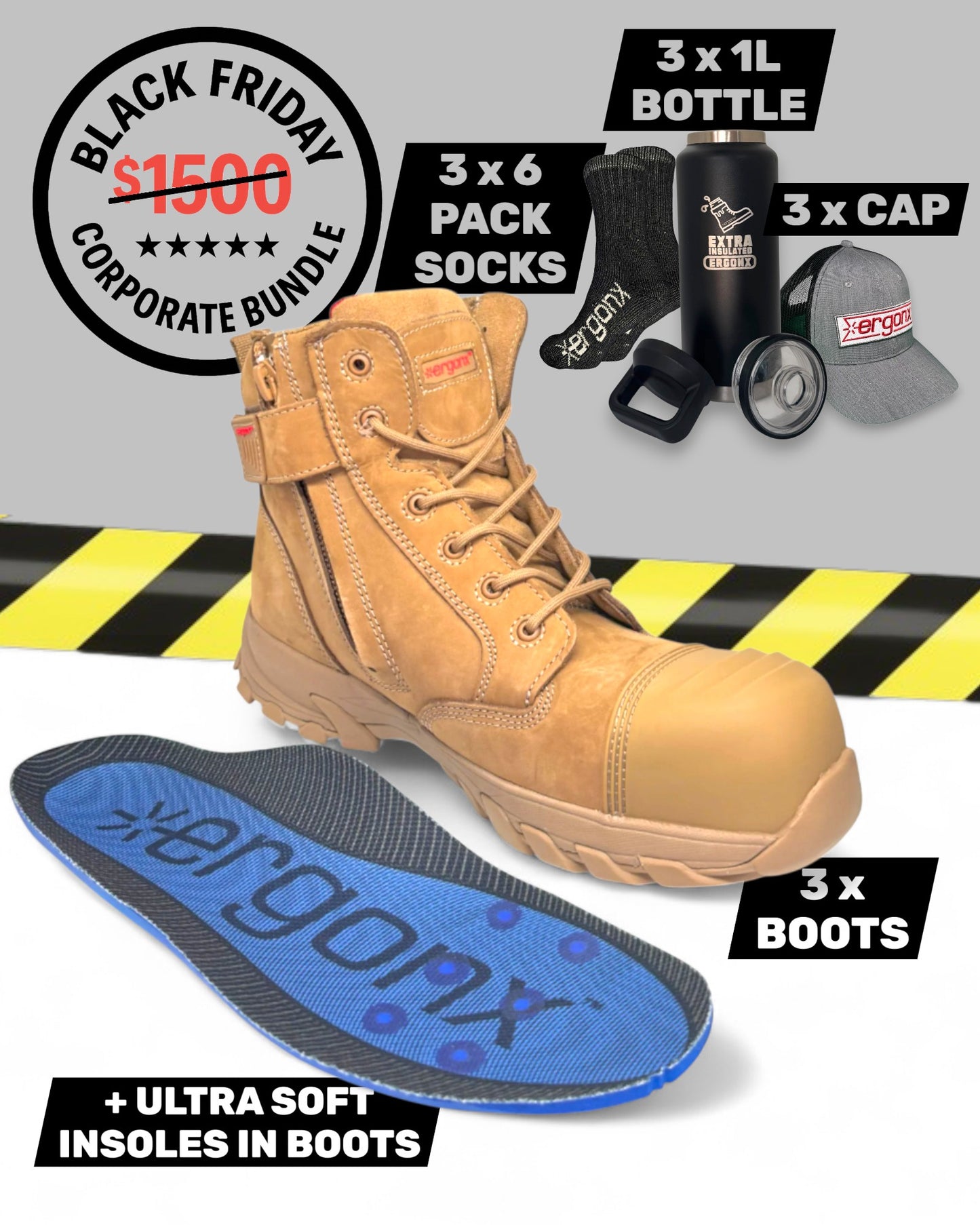 Corporate Bundle - 3 x All Tan Boots, Socks, Bottle & Cap Packs