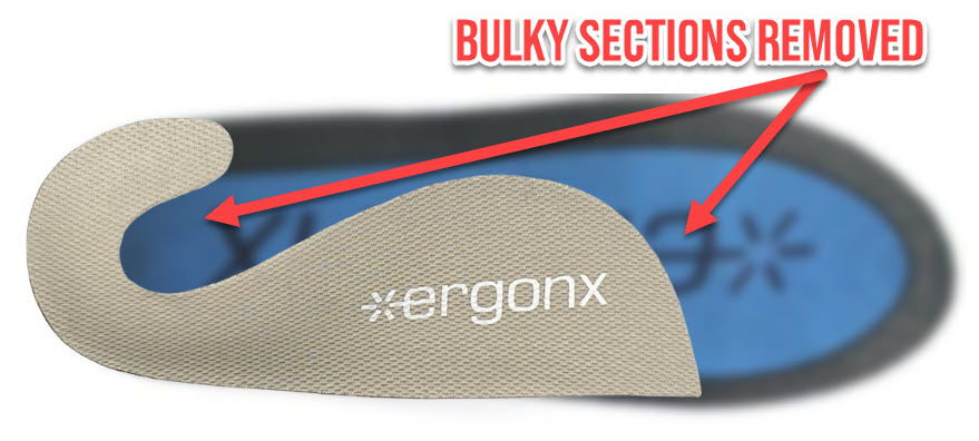 The cut away sections in the ergonx slimline range orthotic help it to fit into boots and almost any shoe.  This leaves lots of room in the forefoot