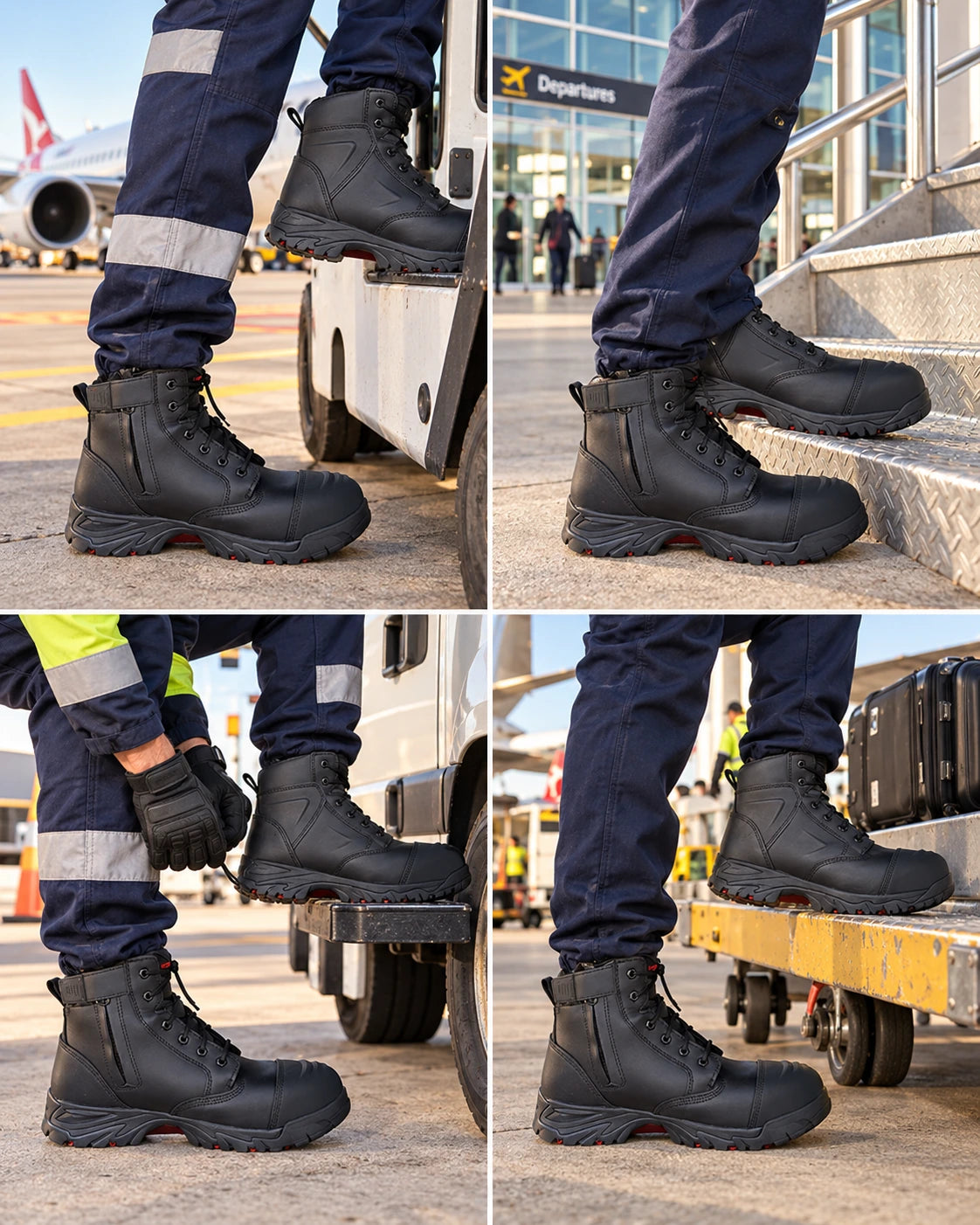 Airport-friendly Helium boots on terminal stairs