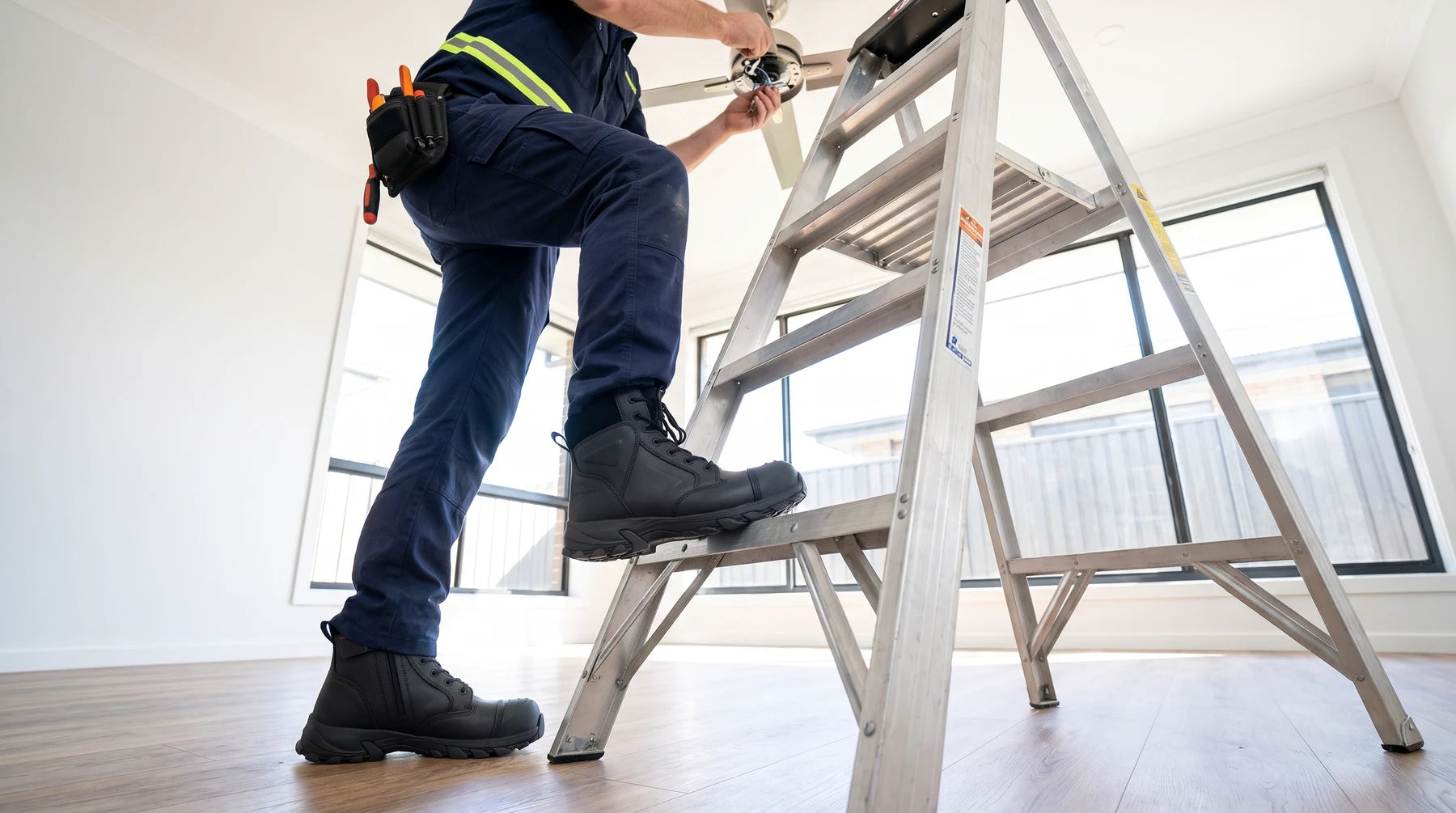 Electrician wearing Helium Black boots on ladder steps during a fit-out