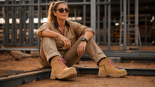 Woman wearing ladies ErgonX Helium All-Tan work boots with inside ankle zips