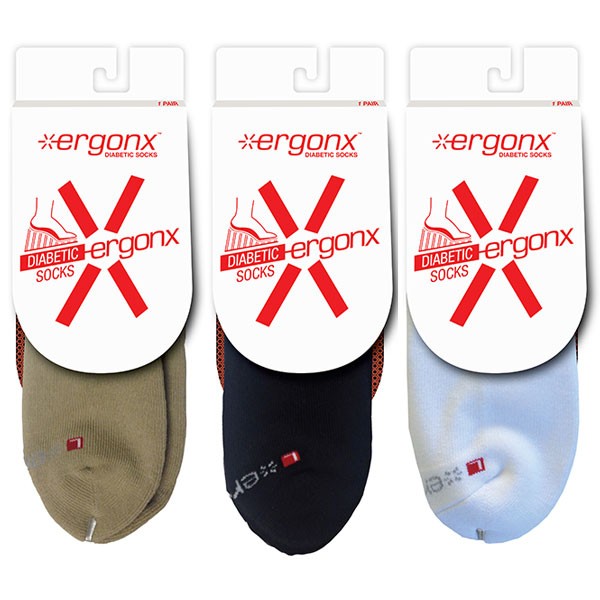 ErgonX quarter-crew diabetic socks in beige, black and white