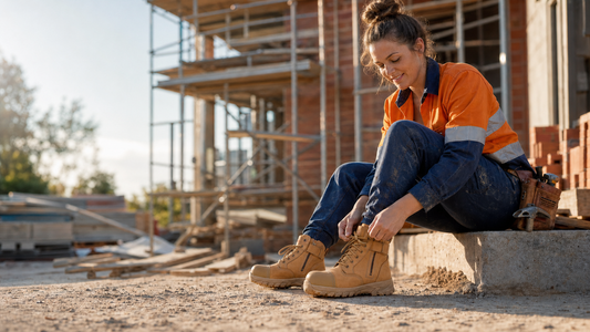 Australian woman tradie lacing ErgonX Ladies Helium safety boots