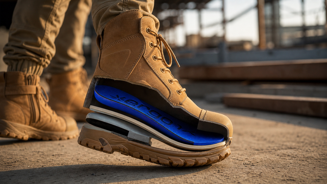 Cutaway tan work boot showing its blue orthotic and supportive midsole