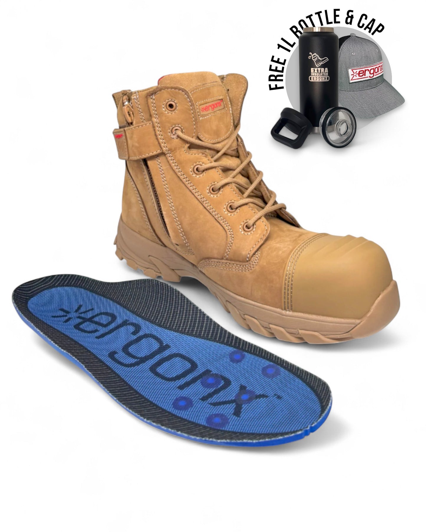 Ergonx Safety Boots Lace Up (Helium) All Tan + 1L Bottle & Cap Bundle