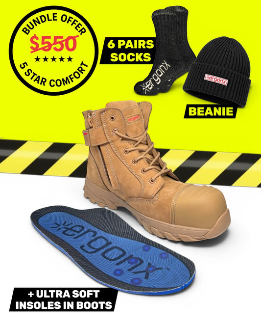 Ergonx All Tan Lace Up Safety Boots + 6 Socks + Beanie + Cooler