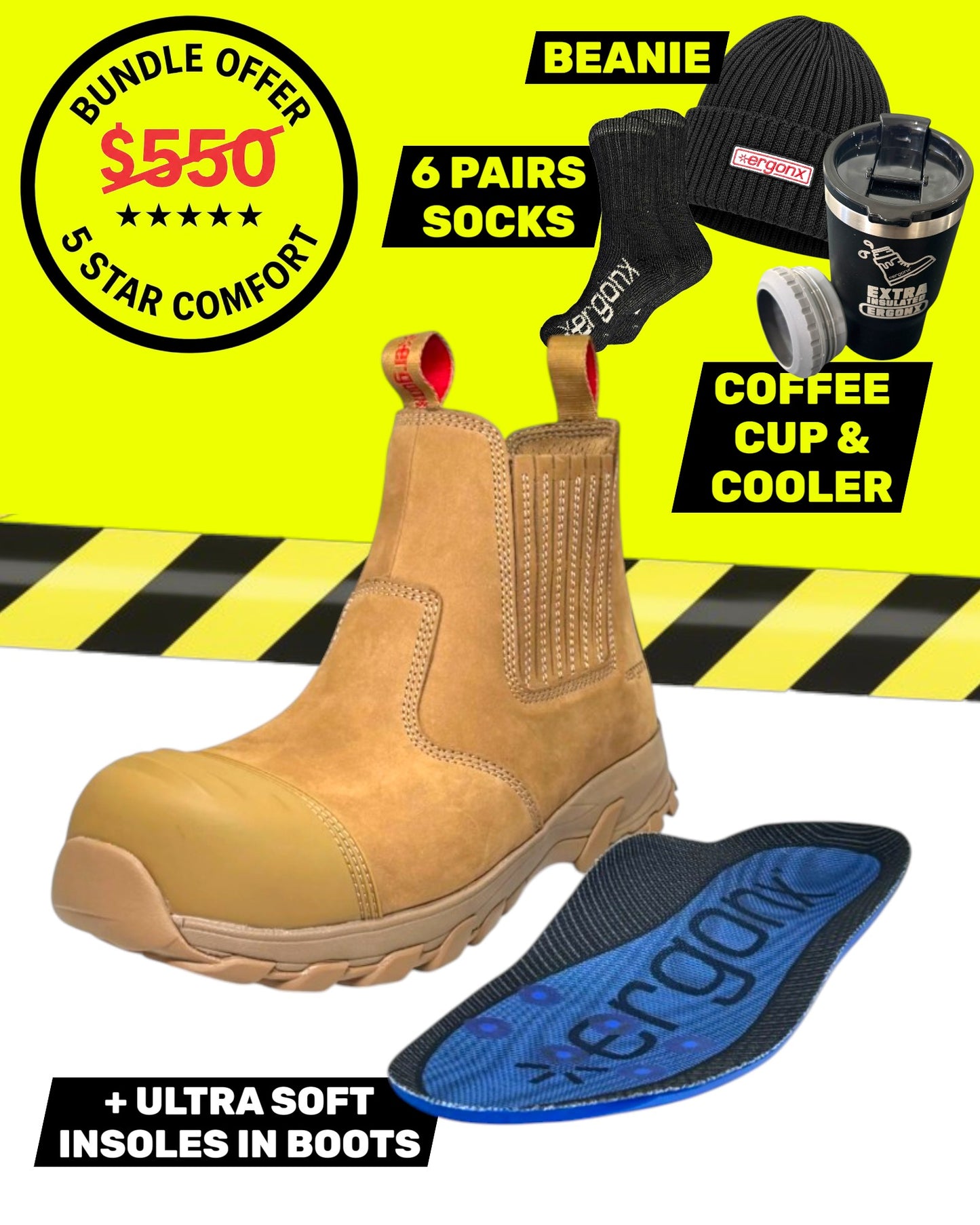 Ergonx All Tan Slip On Safety Boots + 6 Socks + Beanie & Coffee Cup & Cooler Bundle