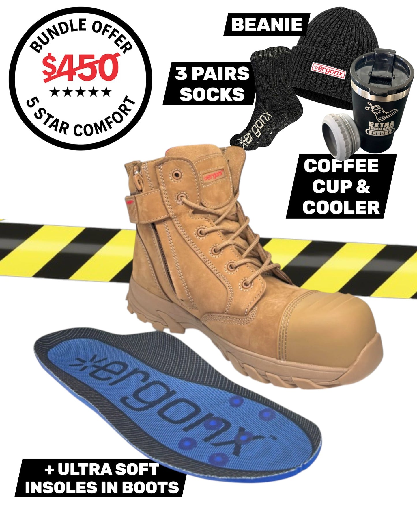 Comfort Bundle - All Tan Lace Up + 3 pairs socks + Beanie + Coffee Cup & Cooler