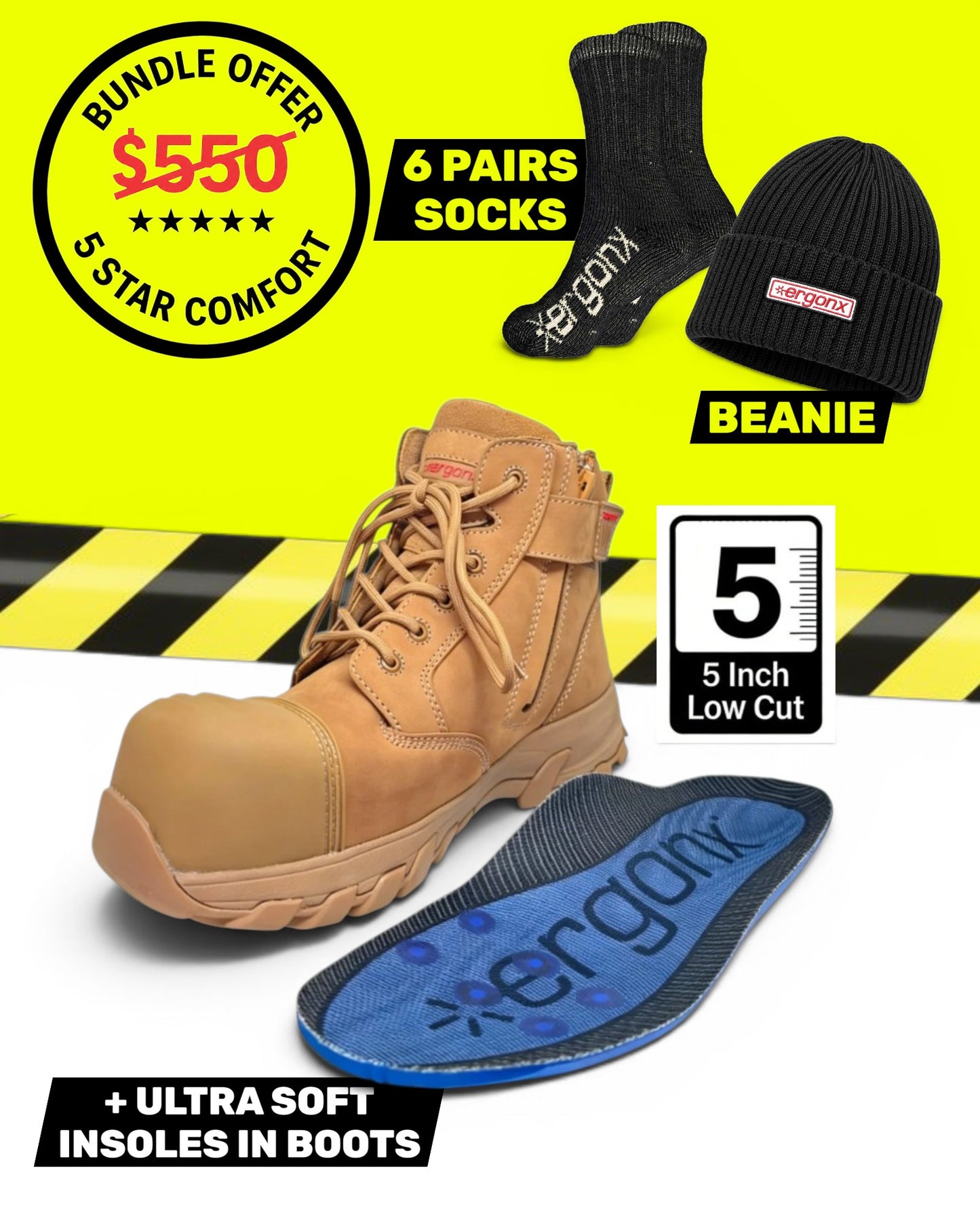 Ergonx All Tan Low Cut Safety Boots + 6 Socks + Beanie Bundle