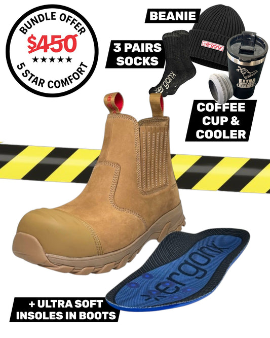 Comfort Bundle - All Tan Slip On + 3 pairs socks + Beanie + Coffee Cup & Cooler