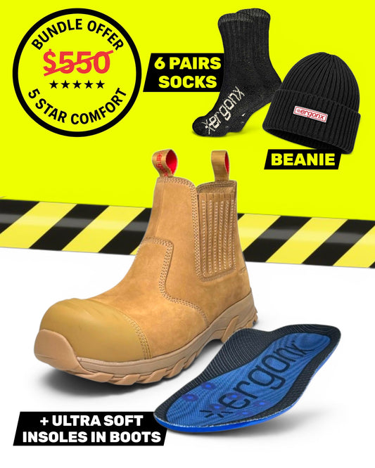 Ergonx All Tan Slip On Safety Boots + 6 Socks + Beanie Bundle