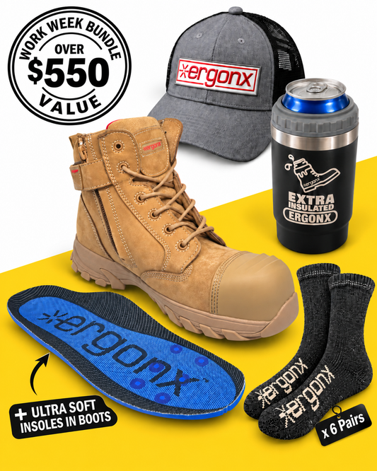 Work Week Bundle - All Tan Lace Up + 6 Pairs of Socks with Ergonx hat and 4-in-1 cooler
