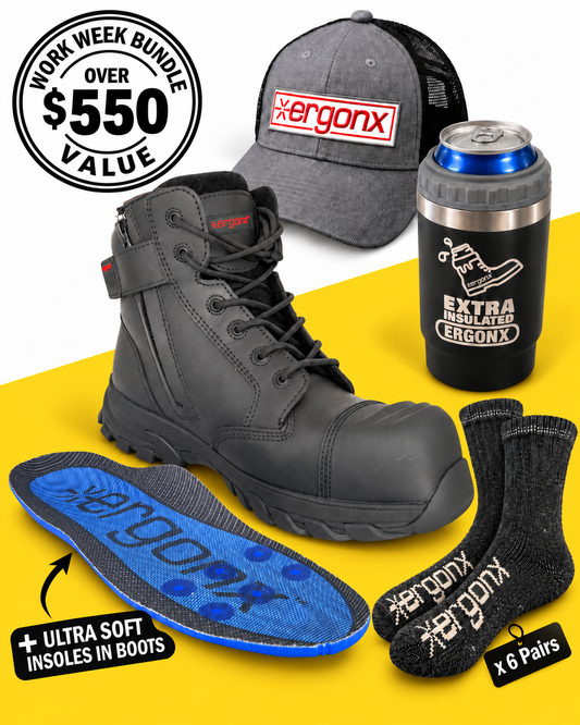 Work Week Bundle - Black Lace Up + 6 Pairs of Socks with Ergonx hat and 4-in-1 cooler