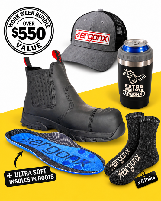 Ergonx Black Slip On Safety Boots + 6 Socks with Ergonx hat and 4-in-1 cooler