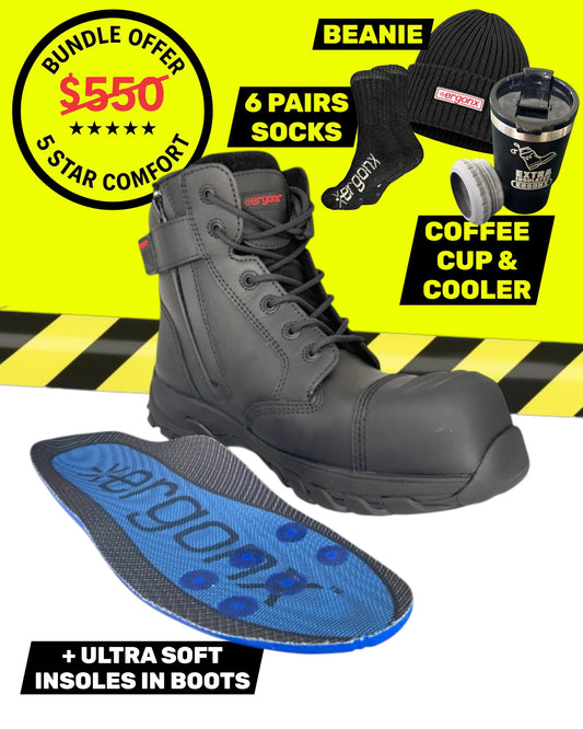 Ergonx Black Lace Up Safety Boots + 6 Socks + Beanie + Coffee Cup & Cooler