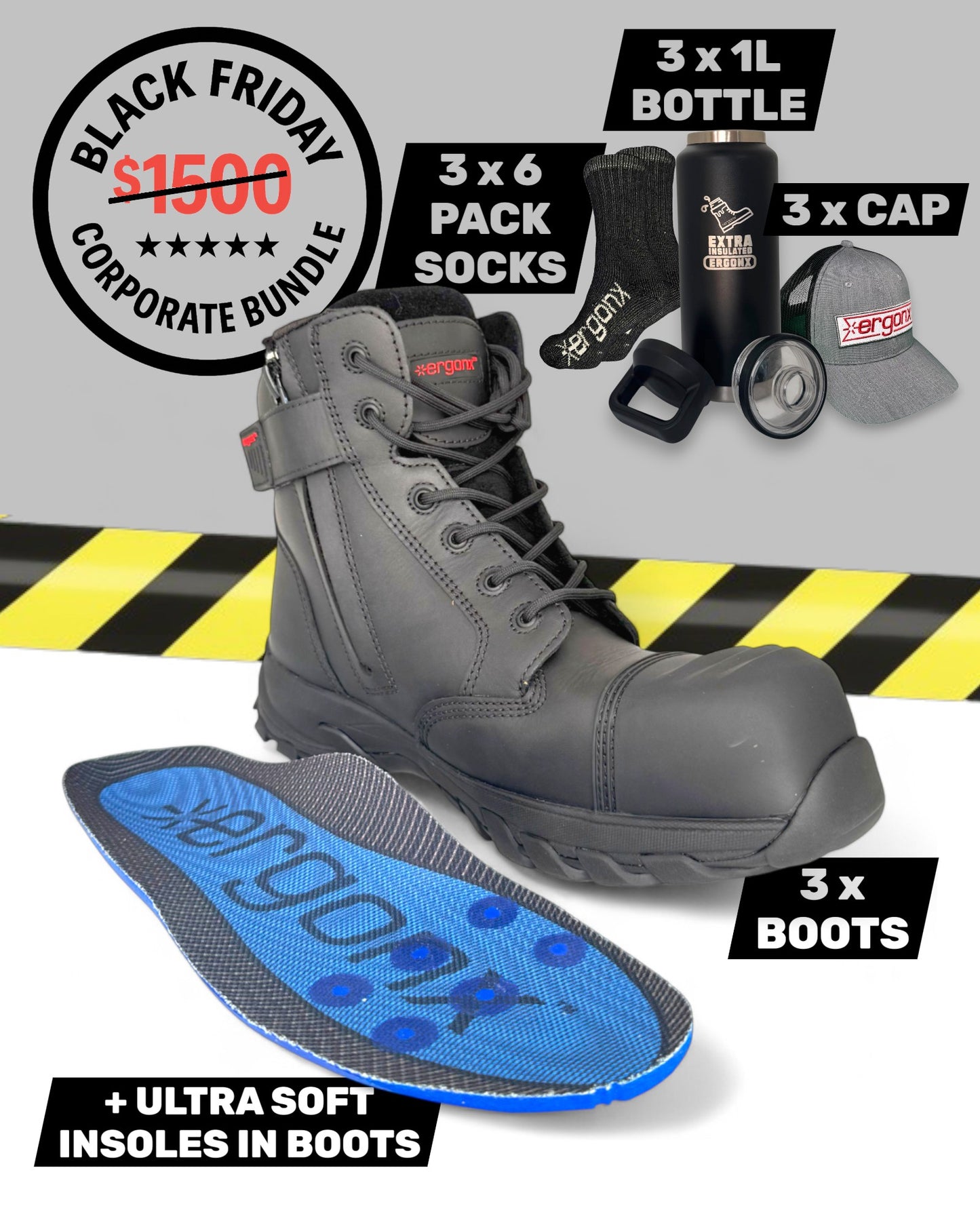 Corporate Bundle - 3 x Black Boots, Socks, Bottle & Cap Packs