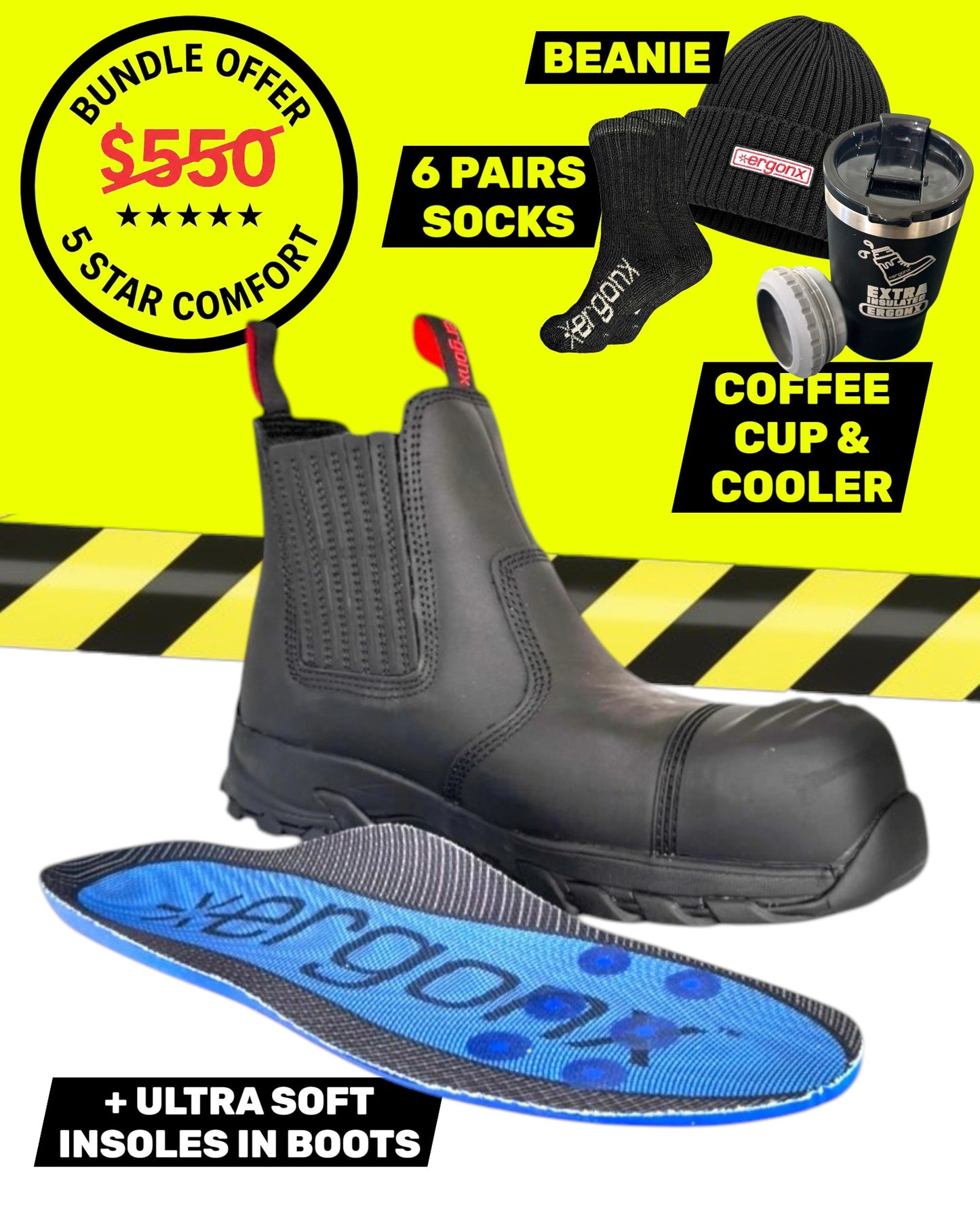 Ergonx Black Slip On Safety Boots + 6 Socks + Beanie + Coffee Cup & Cooler