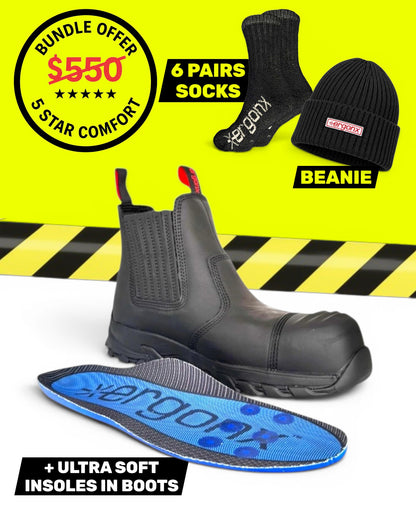 Ergonx Black Slip On Safety Boots + 6 Socks + Beanie
