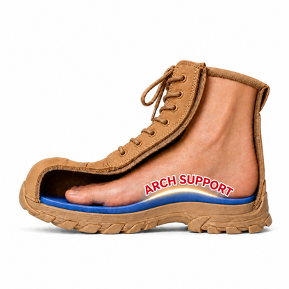 ErgonX Helium All-Tan work boot cutaway showing built-in blue orthotic arch support