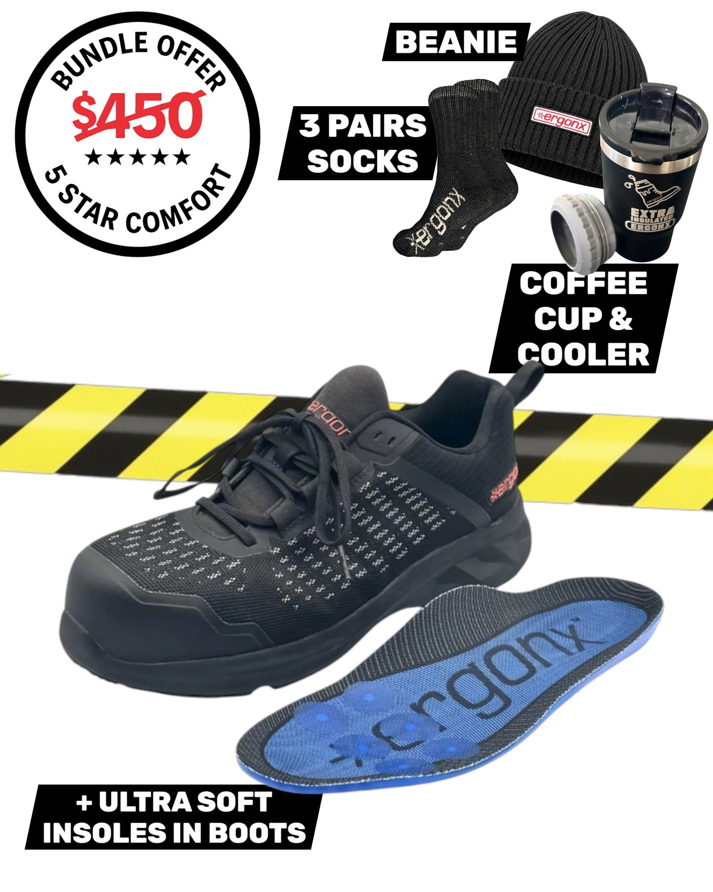 Comfort Bundle - Safety Work Shoe + 3 Pairs Socks + Beanie + Coffee Cup & Cooler