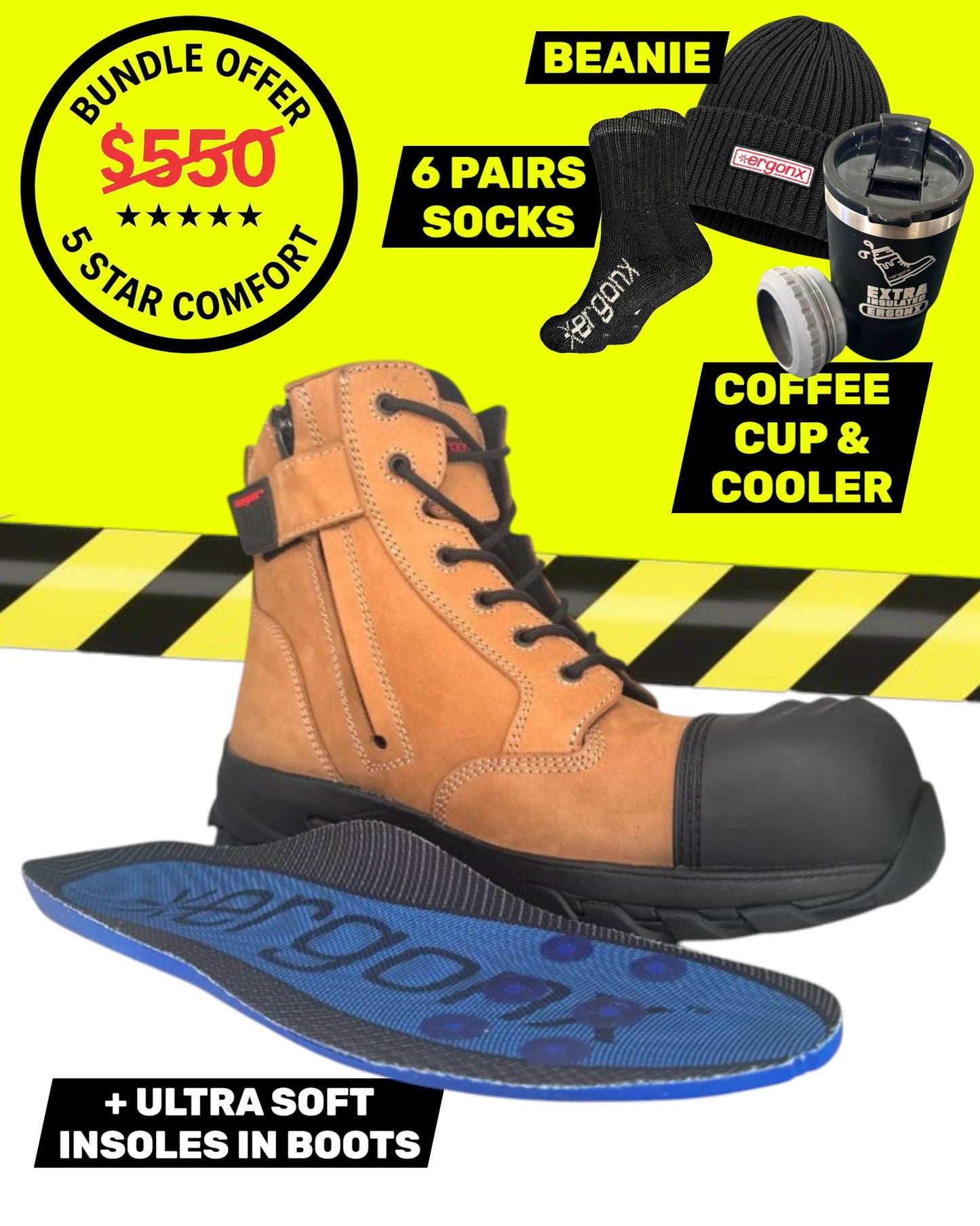 Ergonx Tan Lace Up Safety Boots + 6 Socks + Beanie + Coffee Cup & Cooler