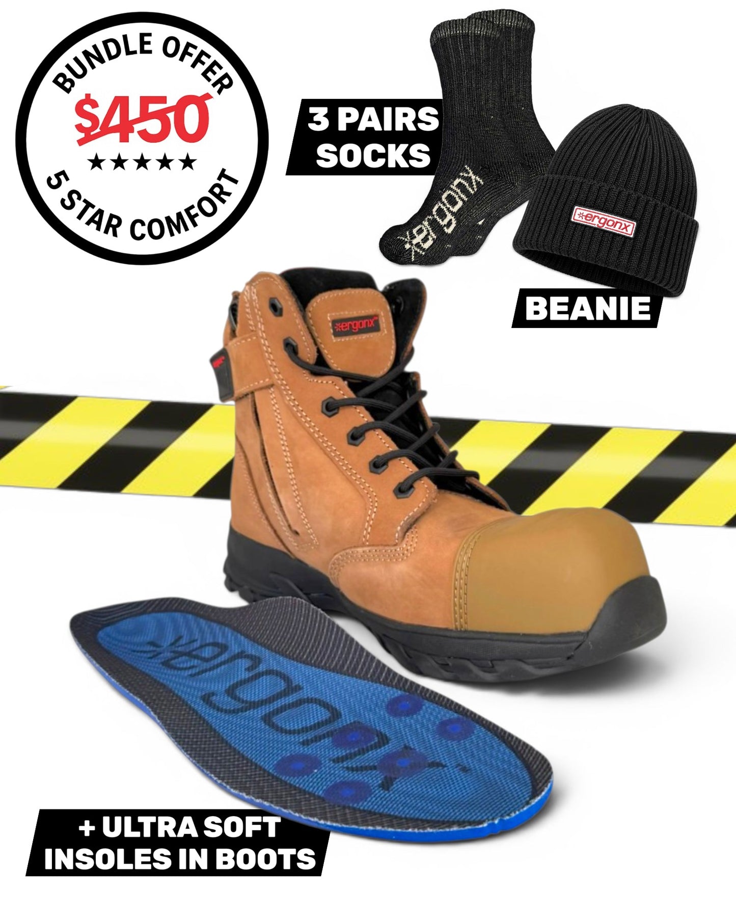 Comfort Bundle - Tan Toe Lace Up + 3 pairs socks + Beanie