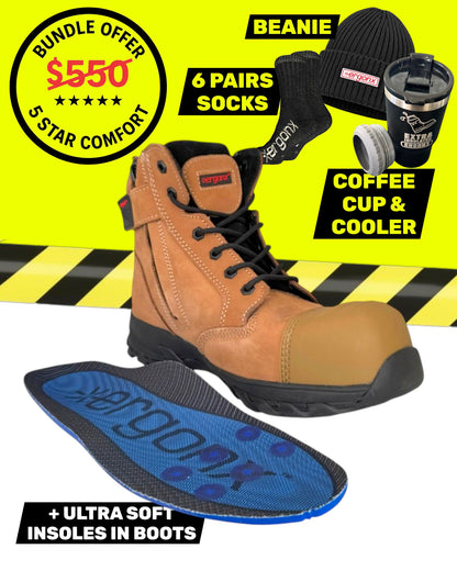 Ergonx Tan Toe Lace Up Safety Boots + 6 Socks + Beanie + Coffee Cup & Cooler