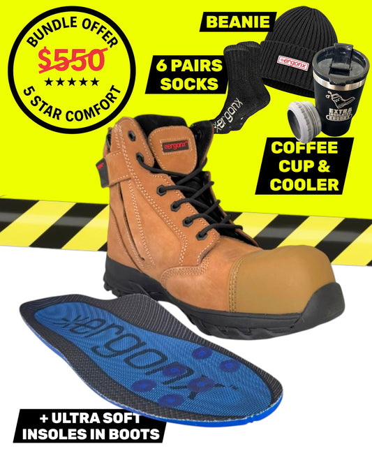 Ergonx Tan Toe Lace Up Safety Boots + 6 Socks + Beanie + Coffee Cup & Cooler