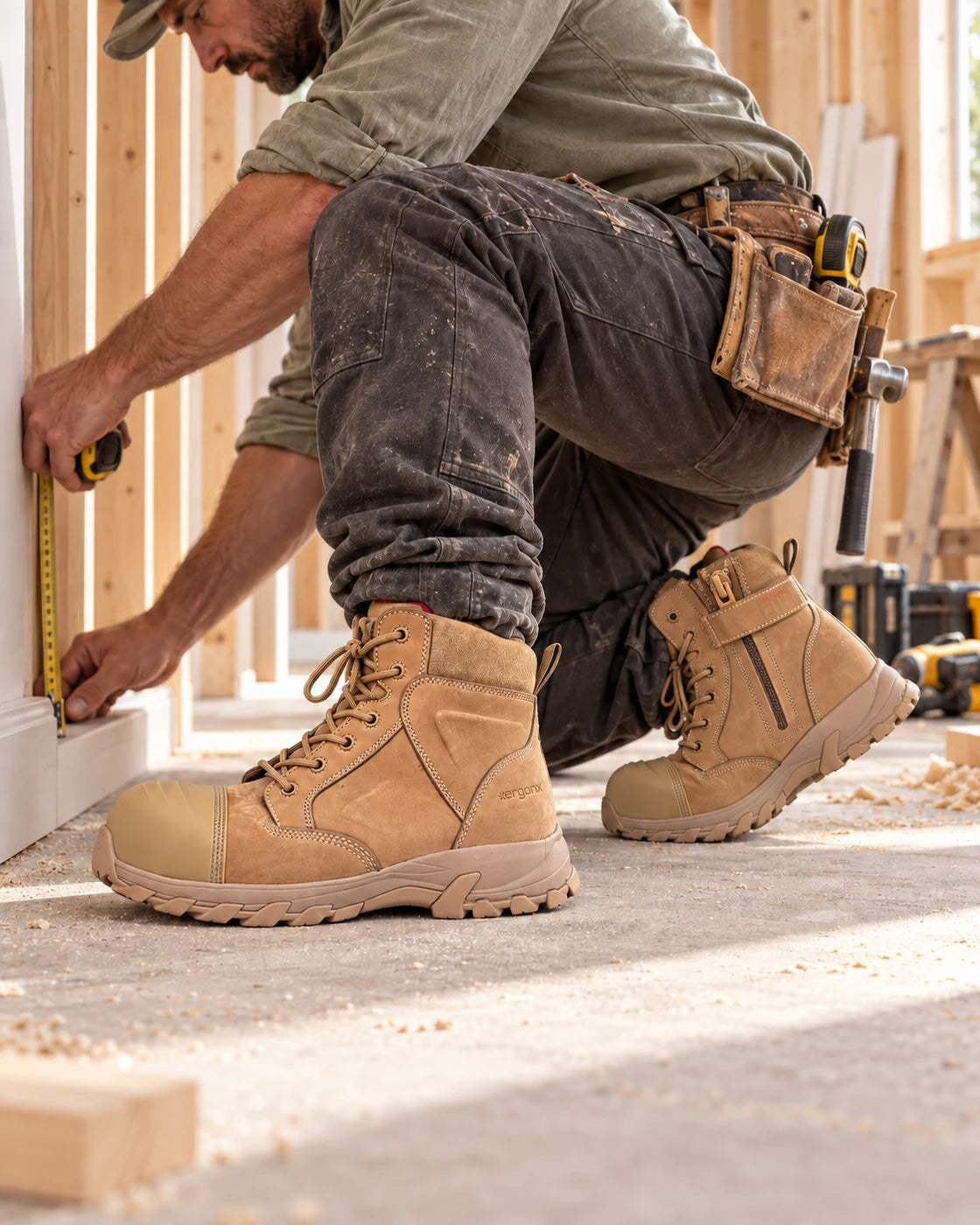 Carpenter wearing Helium All Tan boots while measuring skirting in a timber-framed interior
