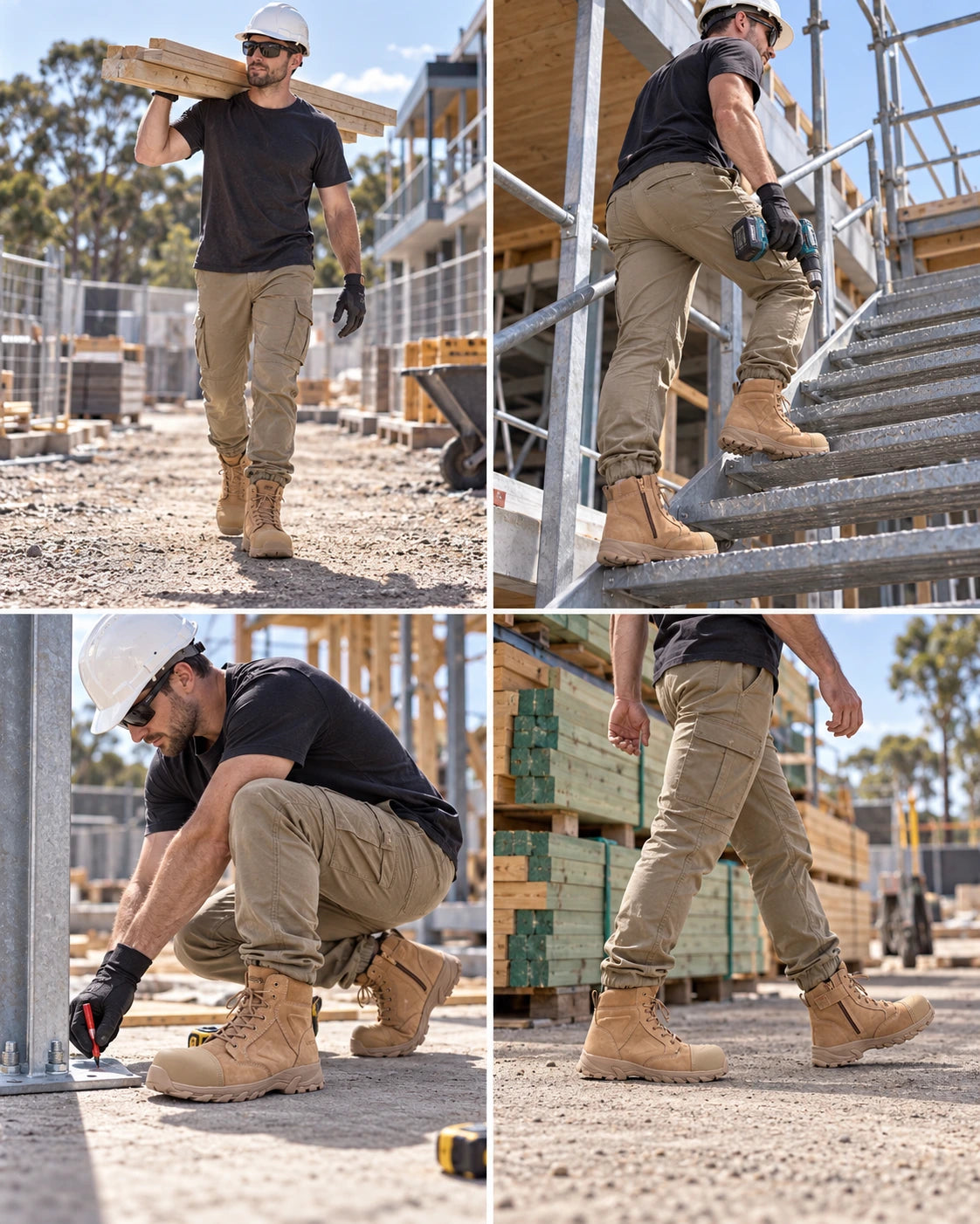 Construction worker carrying site materials in Helium boots