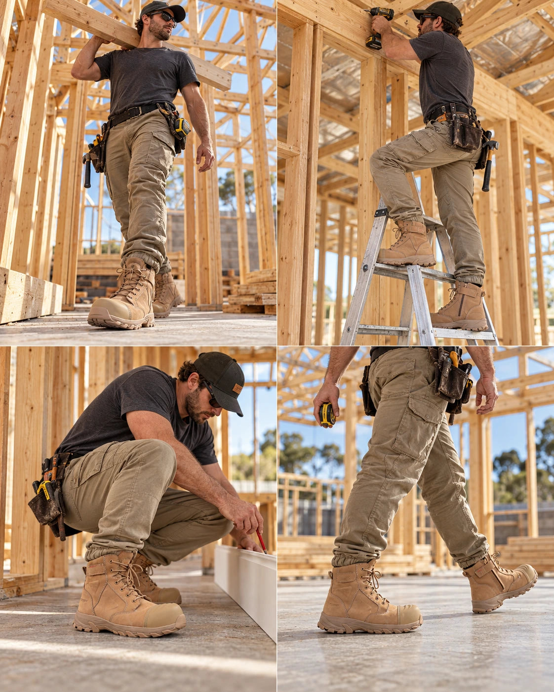 Builder carrying timber in Ergonx Helium All Tan boots