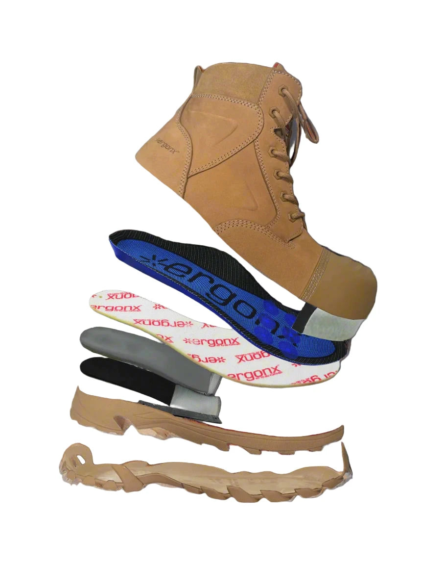 Original Ergonx exploded construction showing orthotic, board, shank and sole layers